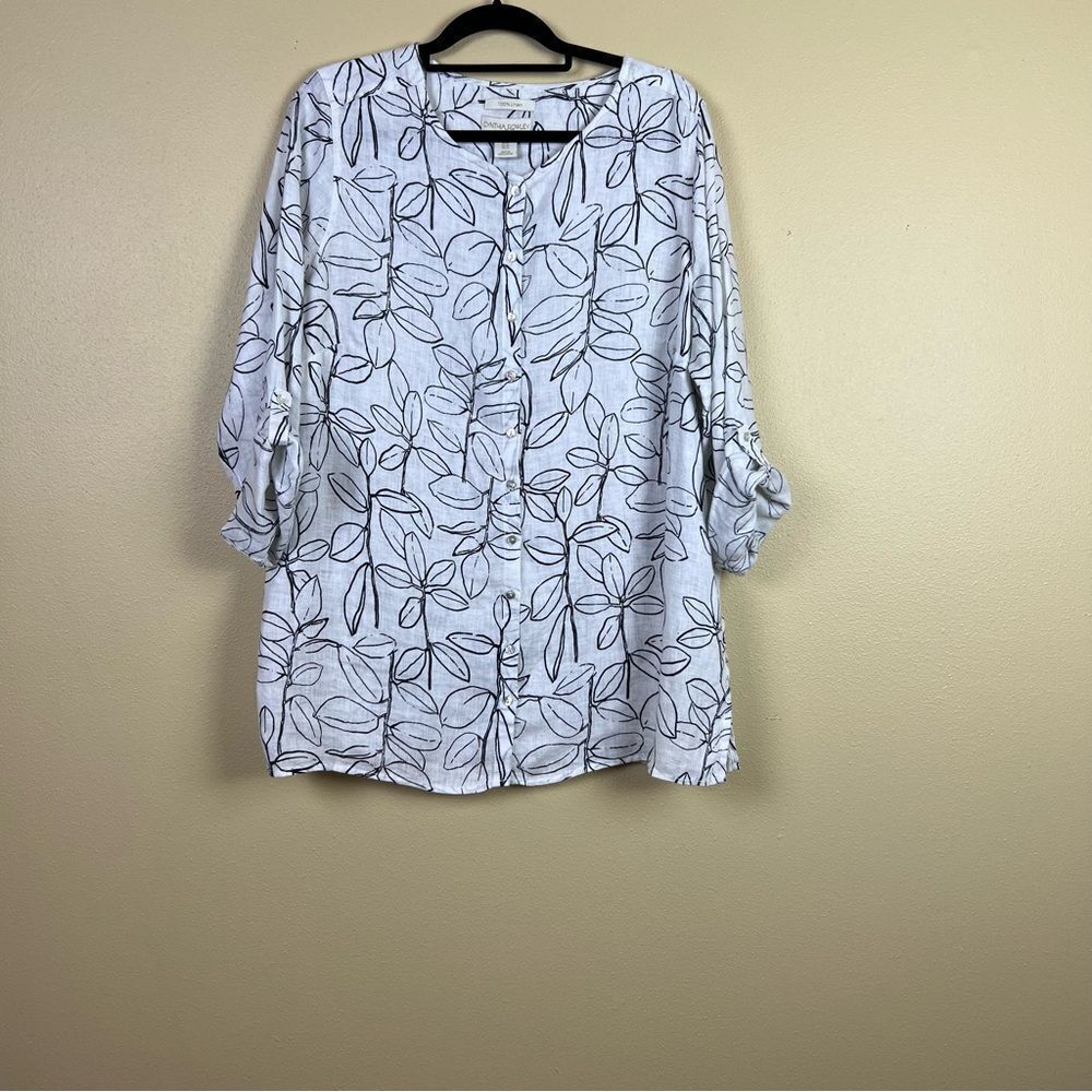Cynthia Rawley Floral White Black Linen Blouse Size 1X